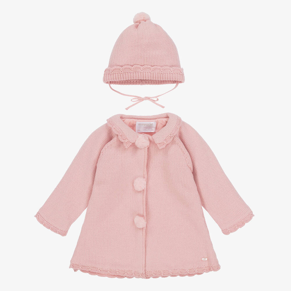 Mayoral - Girls Pink Knitted Pram Coat & Hat Set | Childrensalon