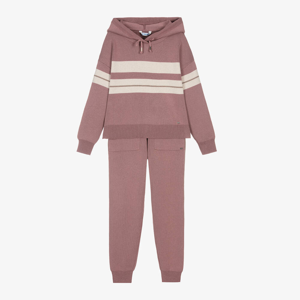 Mayoral - Girls Pink Knitted Stripe Tracksuit | Childrensalon