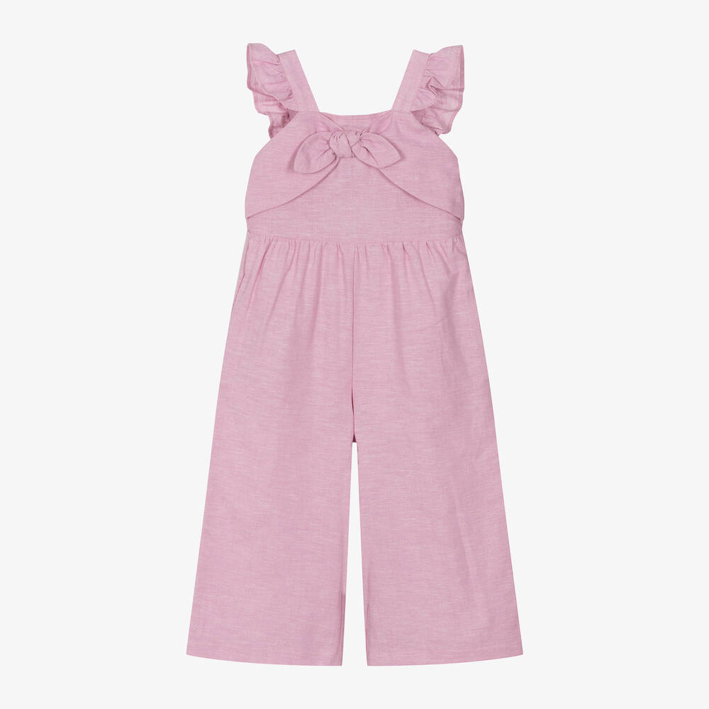 Shop Mayoral Girls Pink Linen & Cotton Bow Jumpsuit