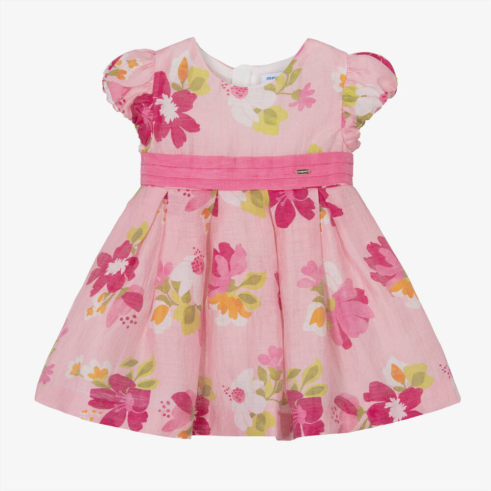 Mayoral - Girls Pink Linen Floral Dress | Childrensalon