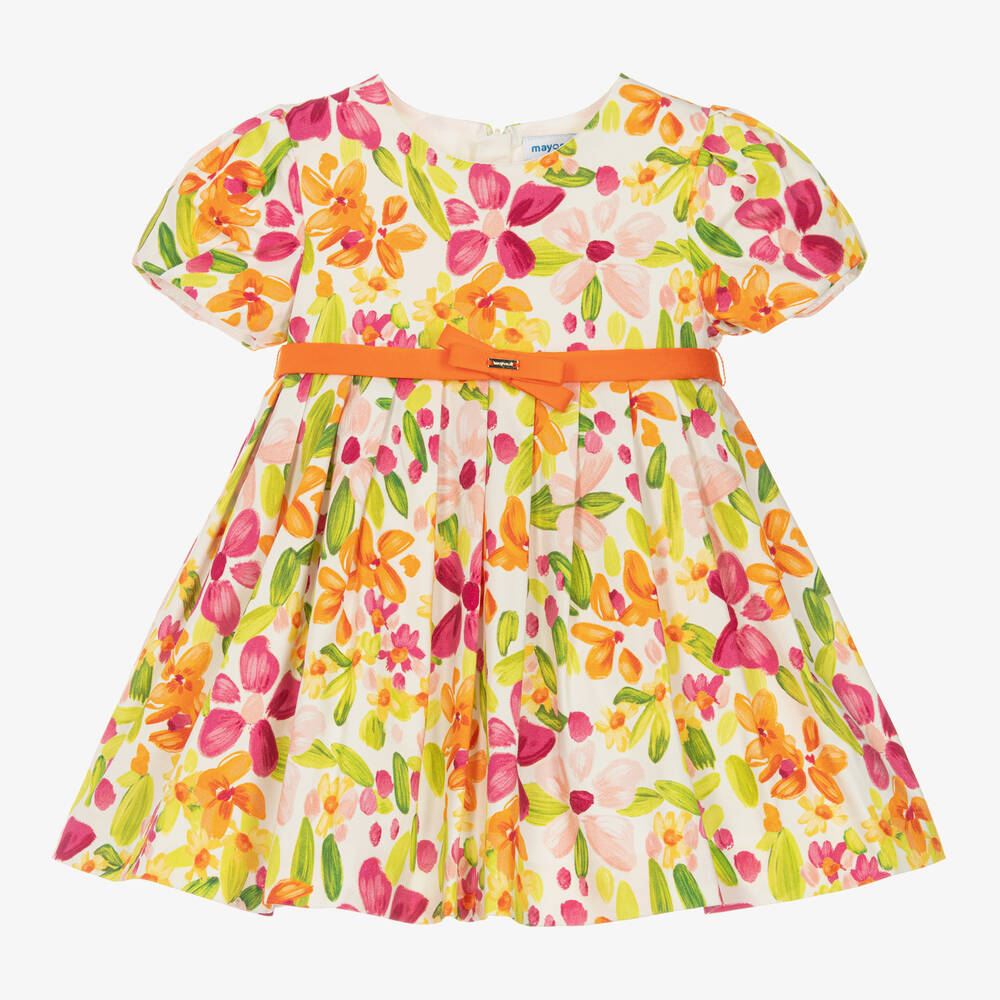 Mayoral - Girls Pink & Orange Floral Cotton Dress | Childrensalon