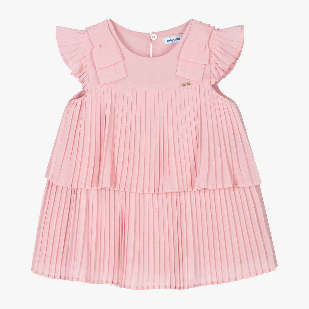 Mayoral - Girls Pink Pleated Crêpe Chiffon Dress | Childrensalon