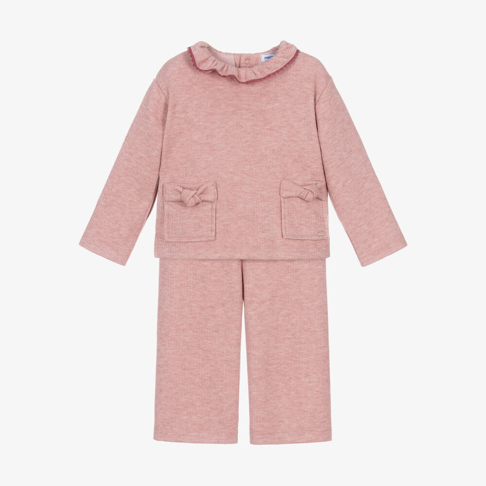 Mayoral - Girls Pink Ribbed Trouser Set | Childrensalon