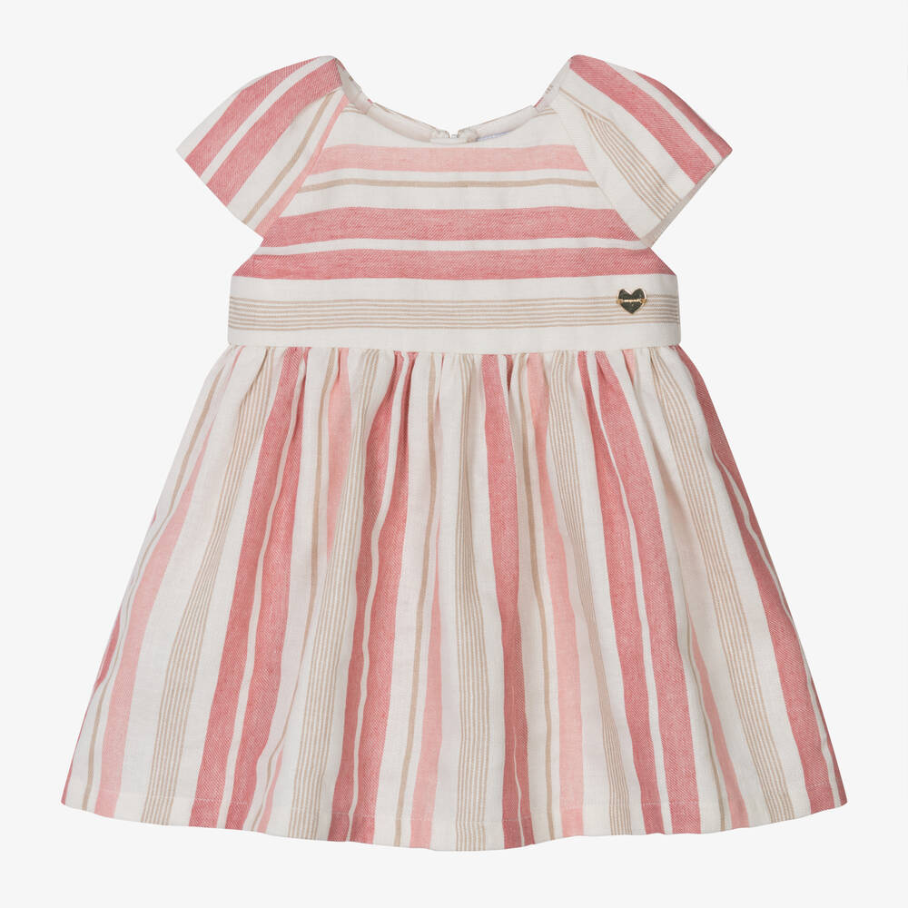 Mayoral Babies' Girls Pink Striped Cotton & Linen Dress