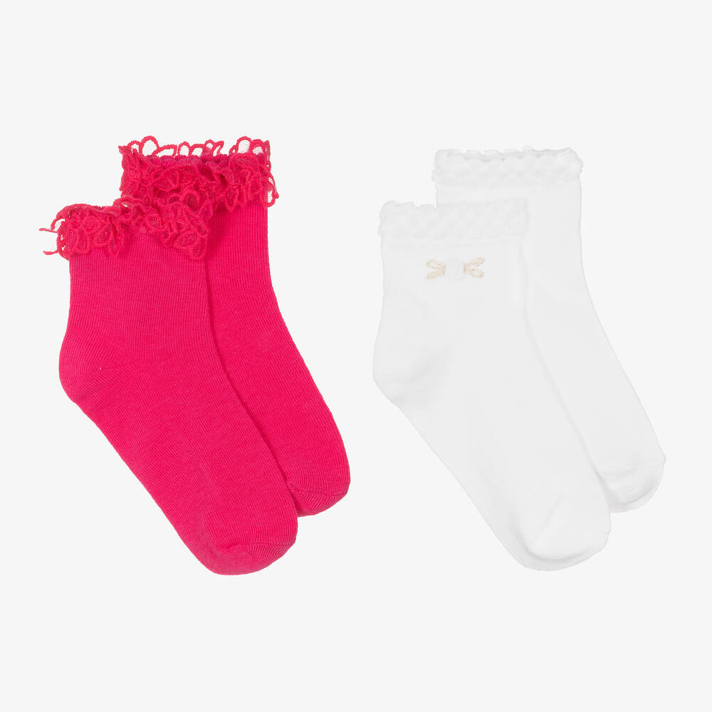 Mayoral - Girls Pink & White Cotton Socks (2 Pack) | Childrensalon