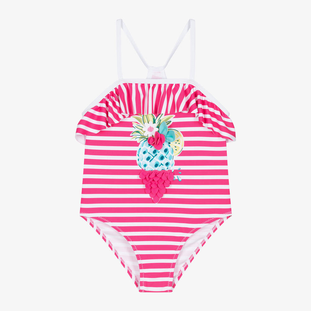 Mayoral - Girls Pink & White Stripe Swimsuit | Childrensalon