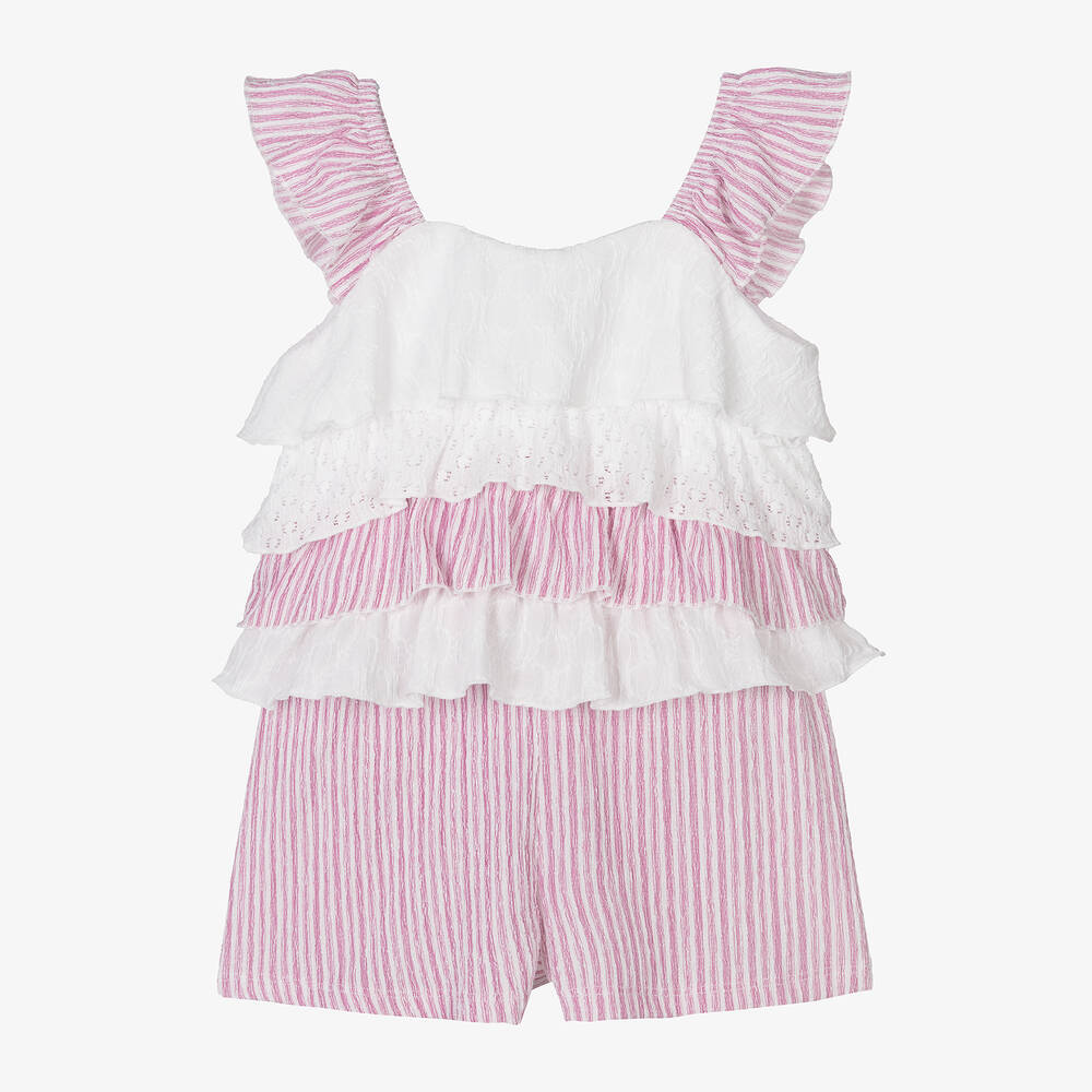 Mayoral - Girls Pink & White Striped Shorts Set | Childrensalon