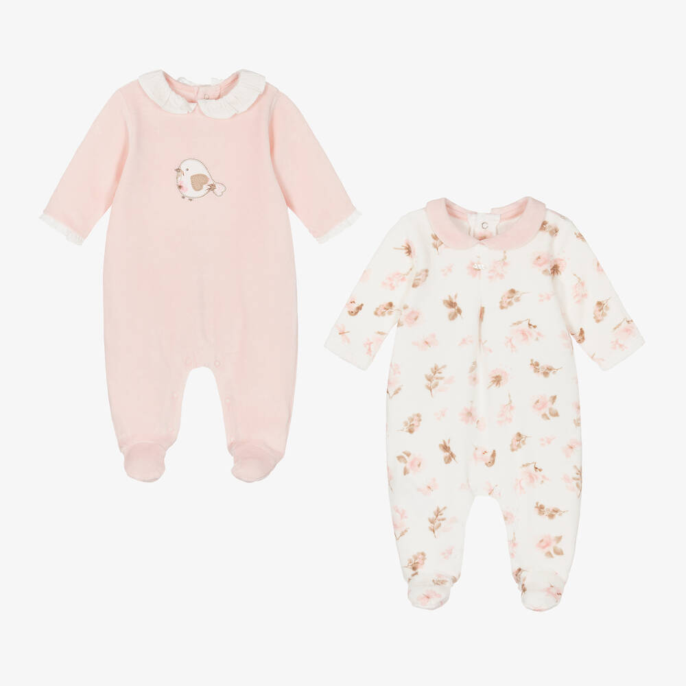 Mayoral Newborn - Girls Pink & White Velour Babygrows (2 Pack) | Childrensalon