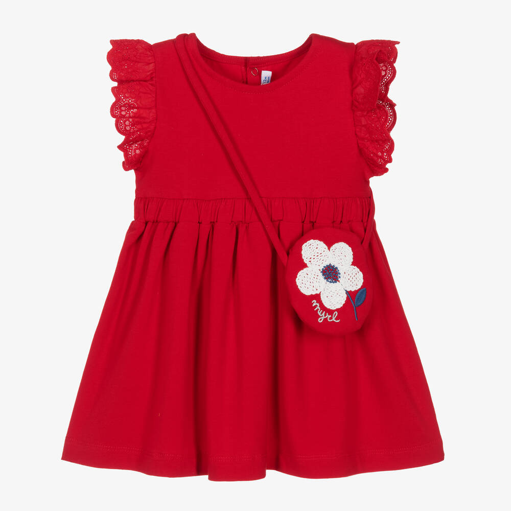 Mayoral - Girls Red Cotton Dress & Bag Set | Childrensalon