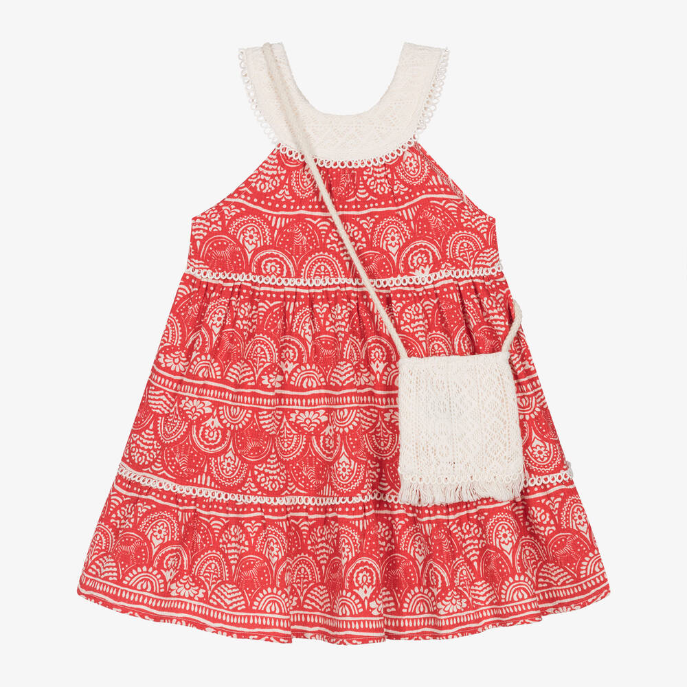 Mayoral - Girls Red Cotton Dress & Ivory Bag Set | Childrensalon