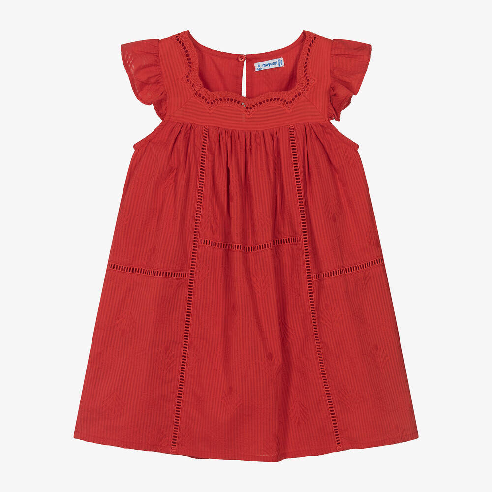 Mayoral - Girls Red Cotton Embroidered Dress | Childrensalon