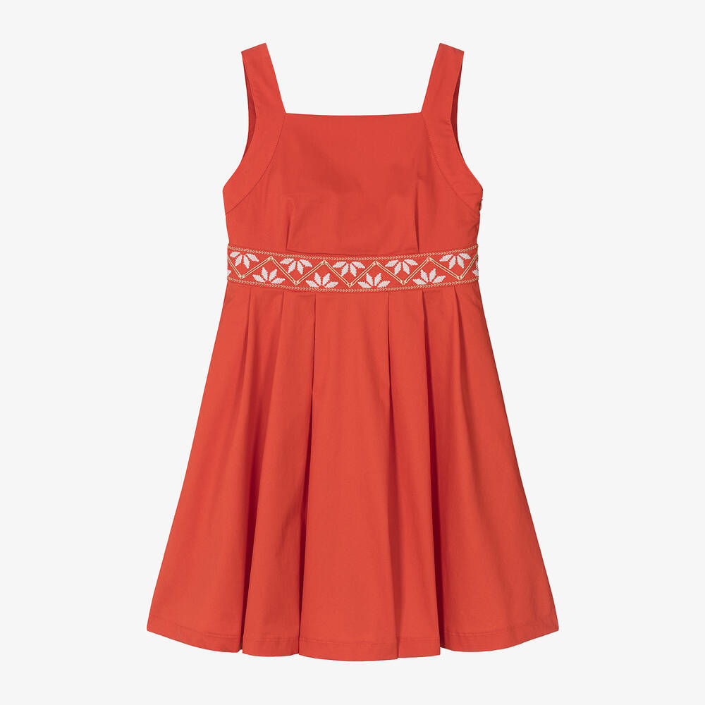 Mayoral - Girls Red Cotton Embroidered Dress | Childrensalon