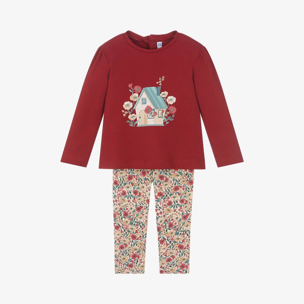 Mayoral - Girls Red Cotton Floral Leggings Set | Childrensalon