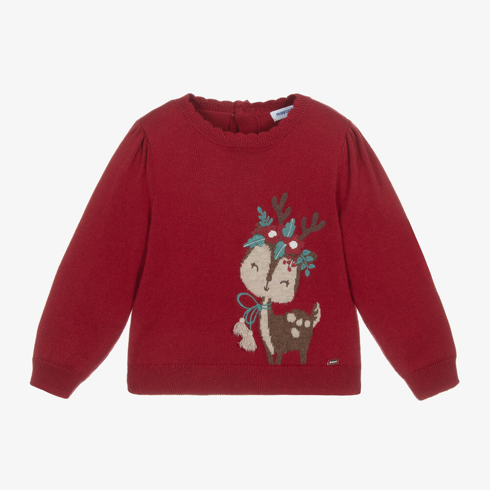 Mayoral - Girls Red Cotton Knit Reindeer Jumper | Childrensalon