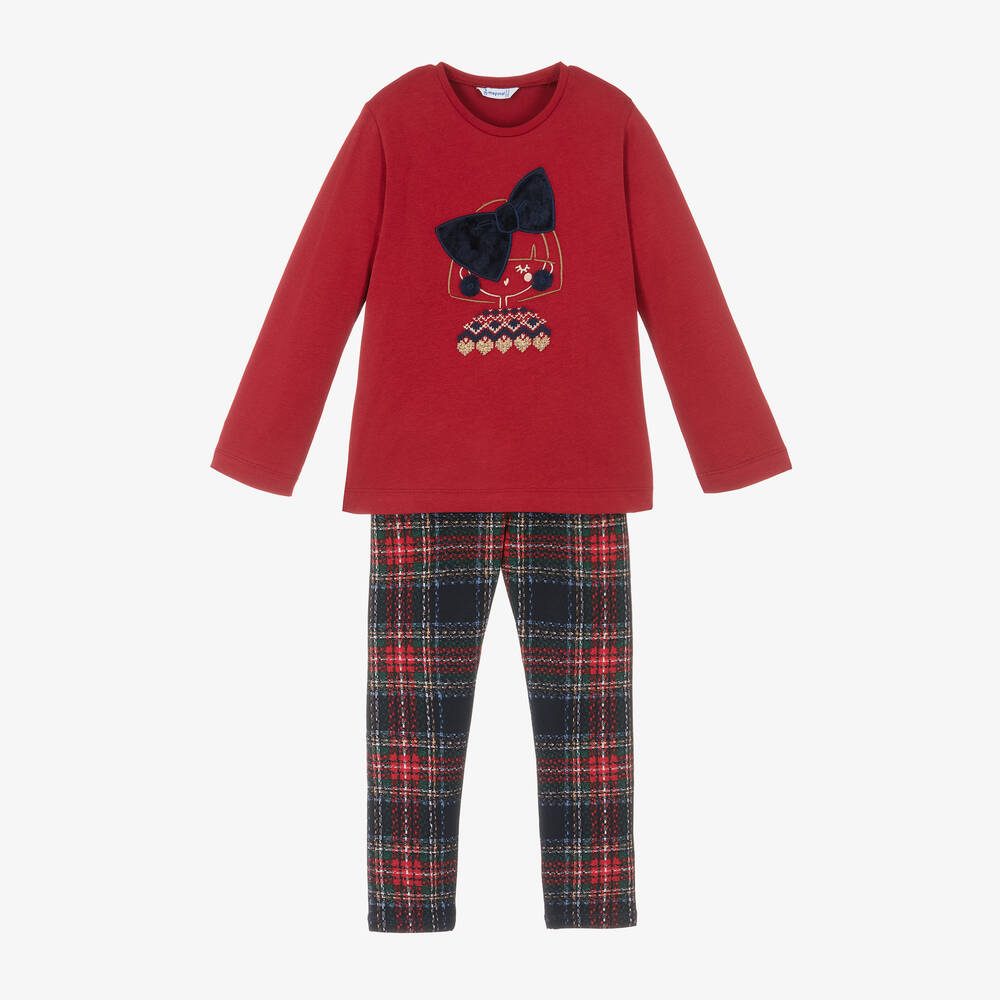 Mayoral - Girls Red Cotton Tartan Leggings Set | Childrensalon