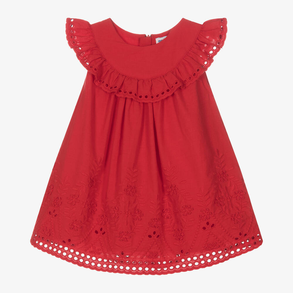 Mayoral - Girls Red Embroidered Cotton Dress | Childrensalon
