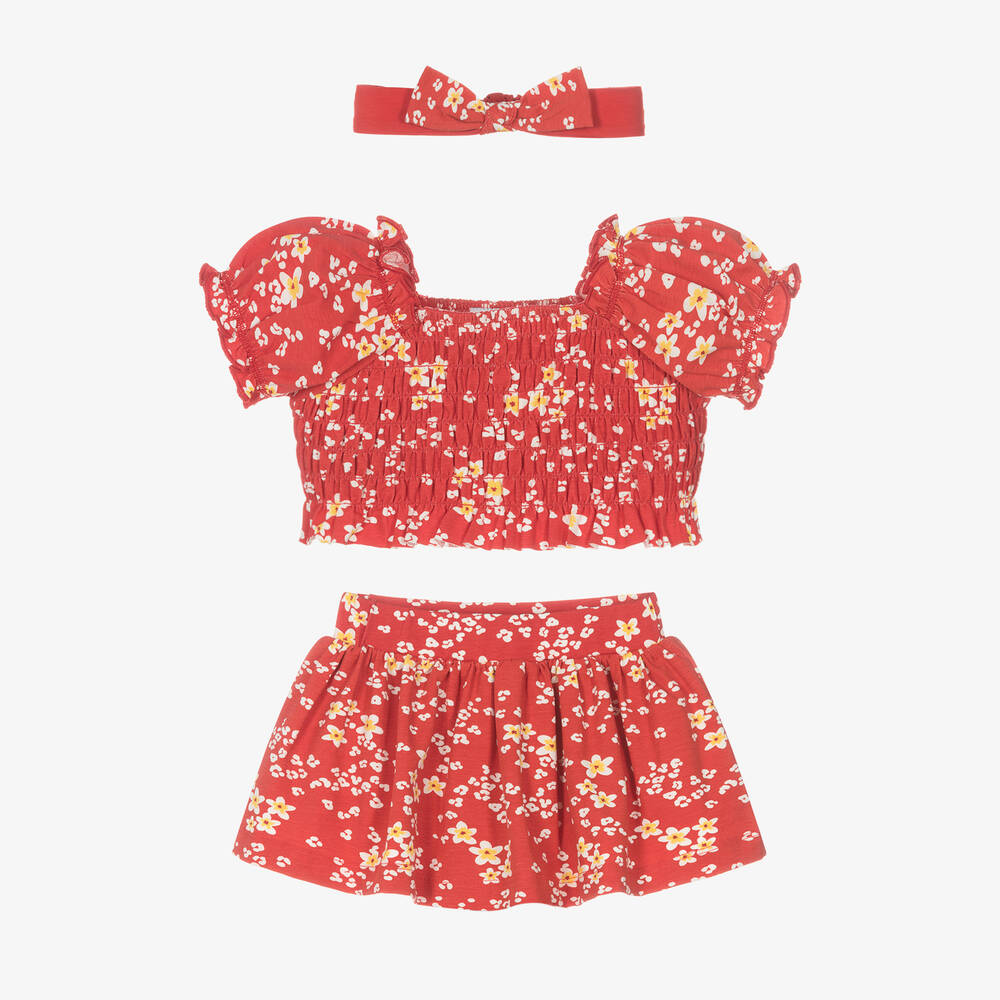 Mayoral - Girls Red Floral Cotton Skirt Set | Childrensalon