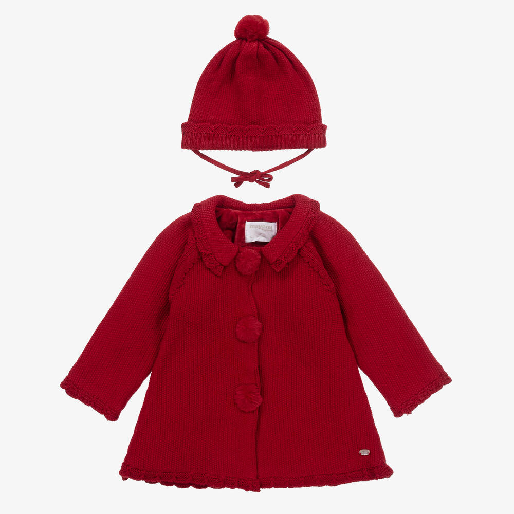 Mayoral - Girls Red Knitted Pram Coat & Hat Set | Childrensalon
