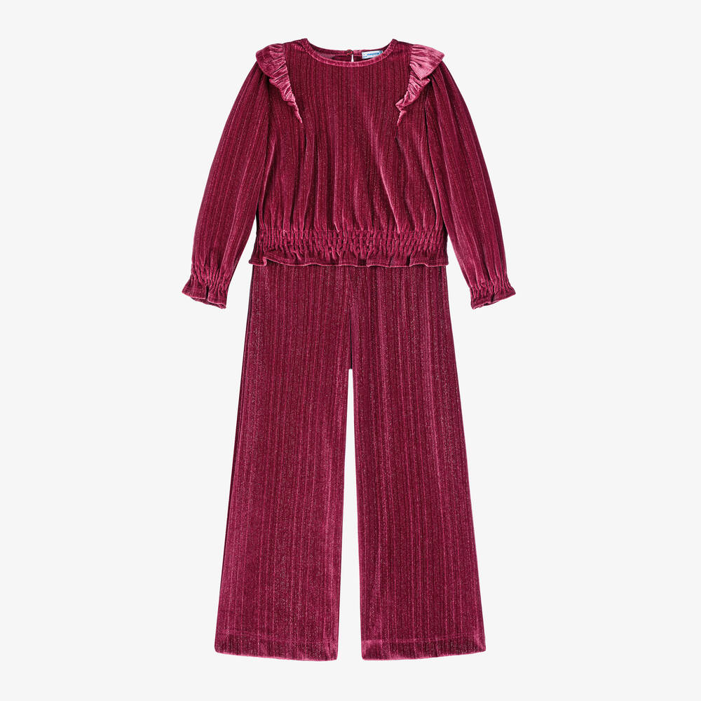 Mayoral - Girls Red Sparkle Velour Trouser Set | Childrensalon