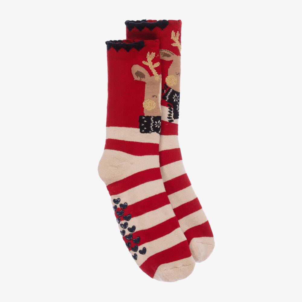 Mayoral - Girls Red Stripe Cotton Reindeer Socks | Childrensalon