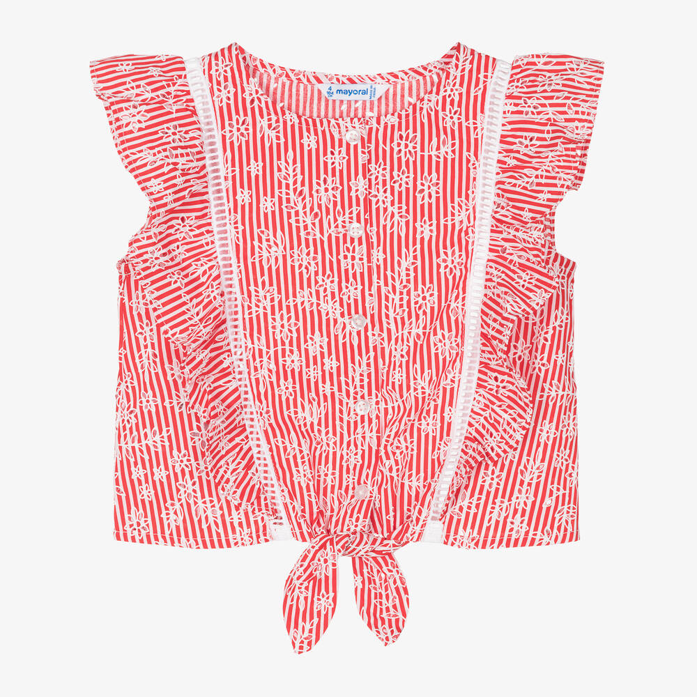 Mayoral - Girls Red Striped Cotton Blouse | Childrensalon