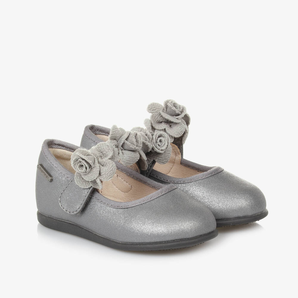 Mayoral - Girls Silver Floral Bar Shoe | Childrensalon