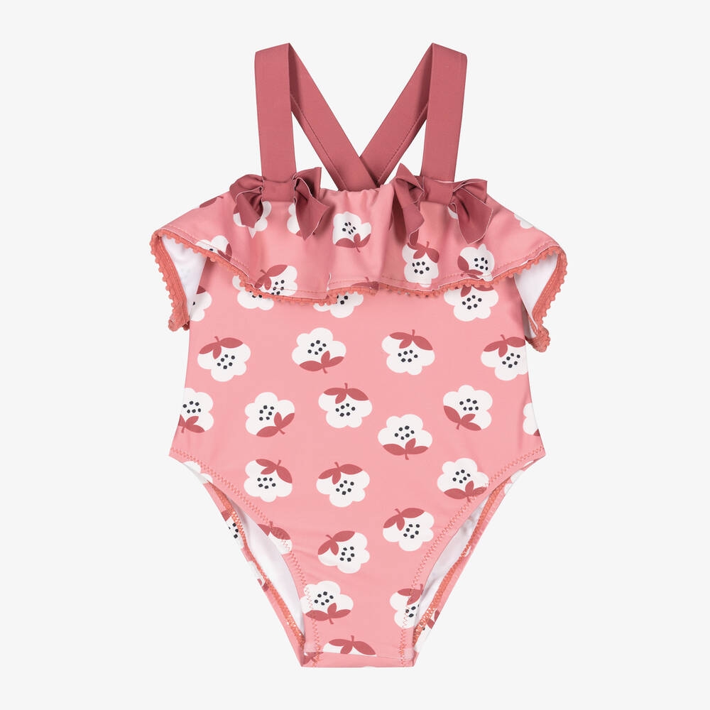 Mayoral - Girls Terracotta Pink Floral Ruffle Swimsuit | Childrensalon