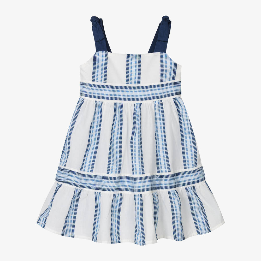 Mayoral - Girls White & Blue Striped Cotton Dress | Childrensalon