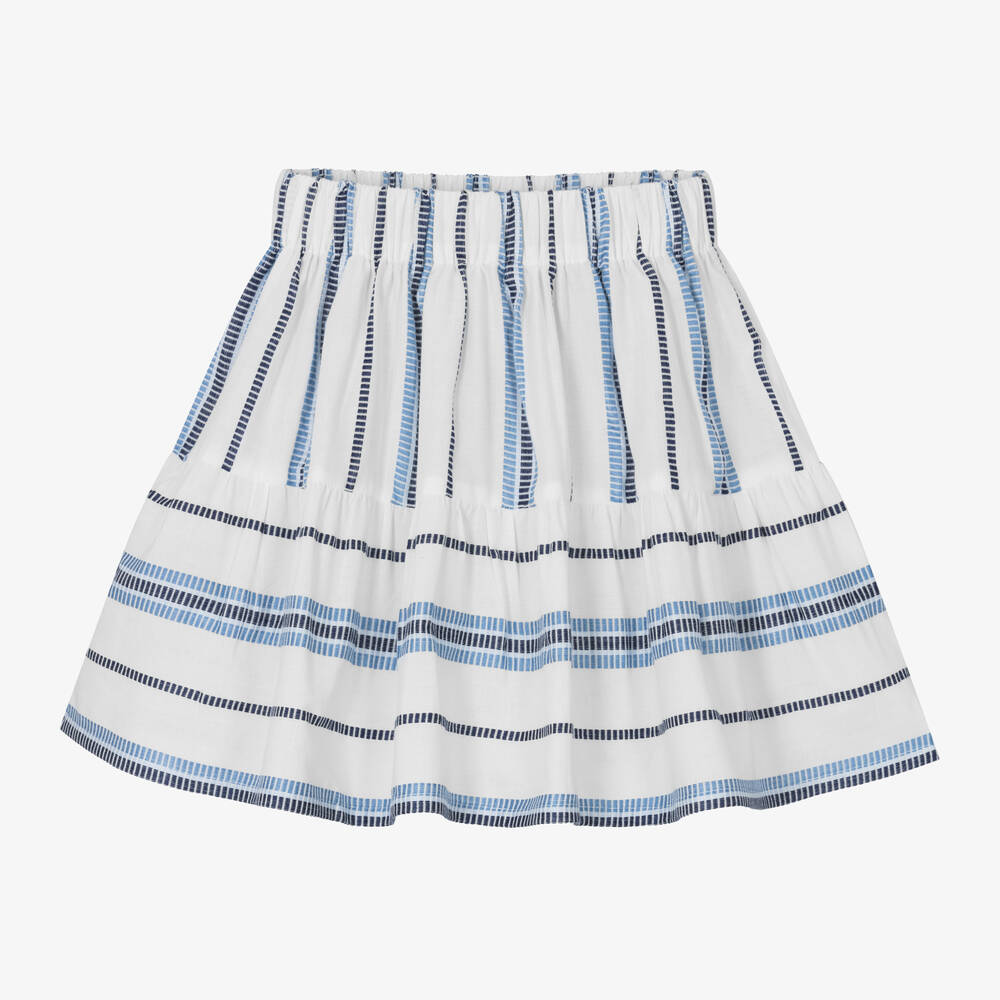 Mayoral - Girls White & Blue Striped Cotton Skirt  | Childrensalon
