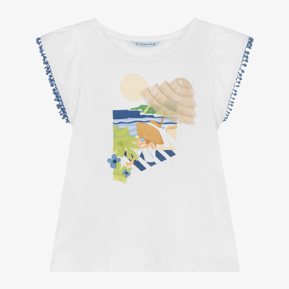 Mayoral - Girls White Cotton Beach T-Shirt | Childrensalon