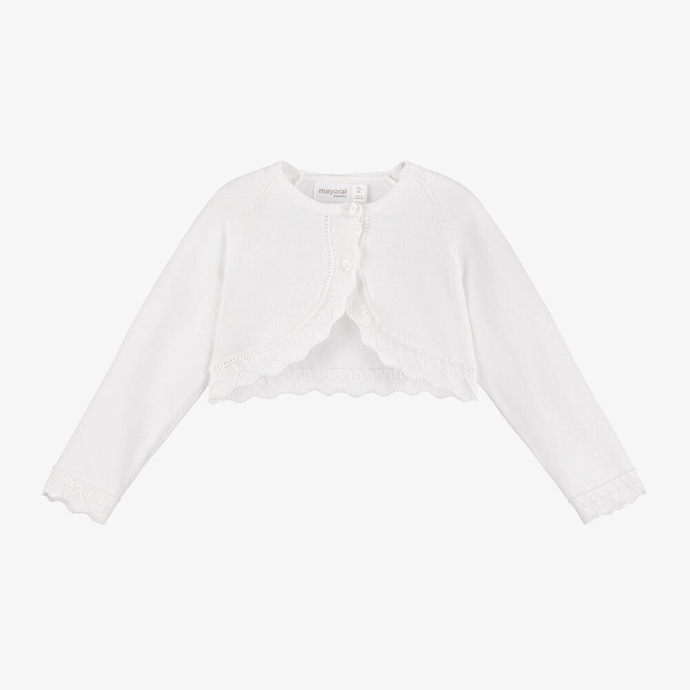 Mayoral Newborn - Girls White Cotton Bolero Cardigan | Childrensalon