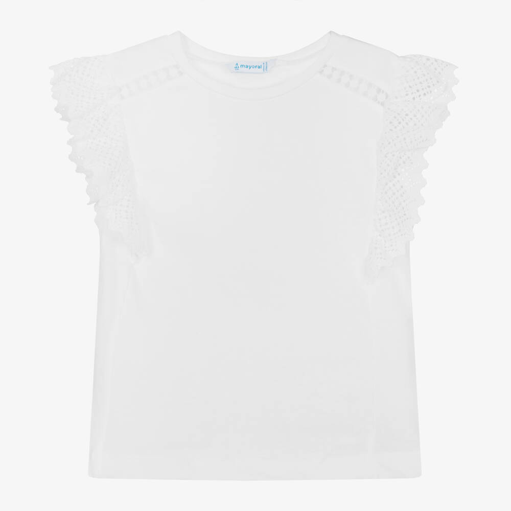 Mayoral - Girls White Cotton & Crochet Lace Top | Childrensalon