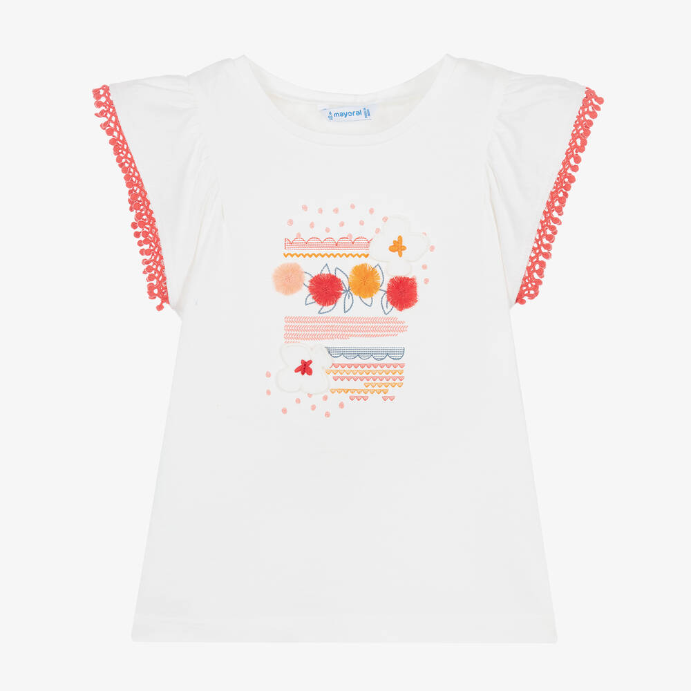 Mayoral - Girls White Cotton Flower T-Shirt | Childrensalon