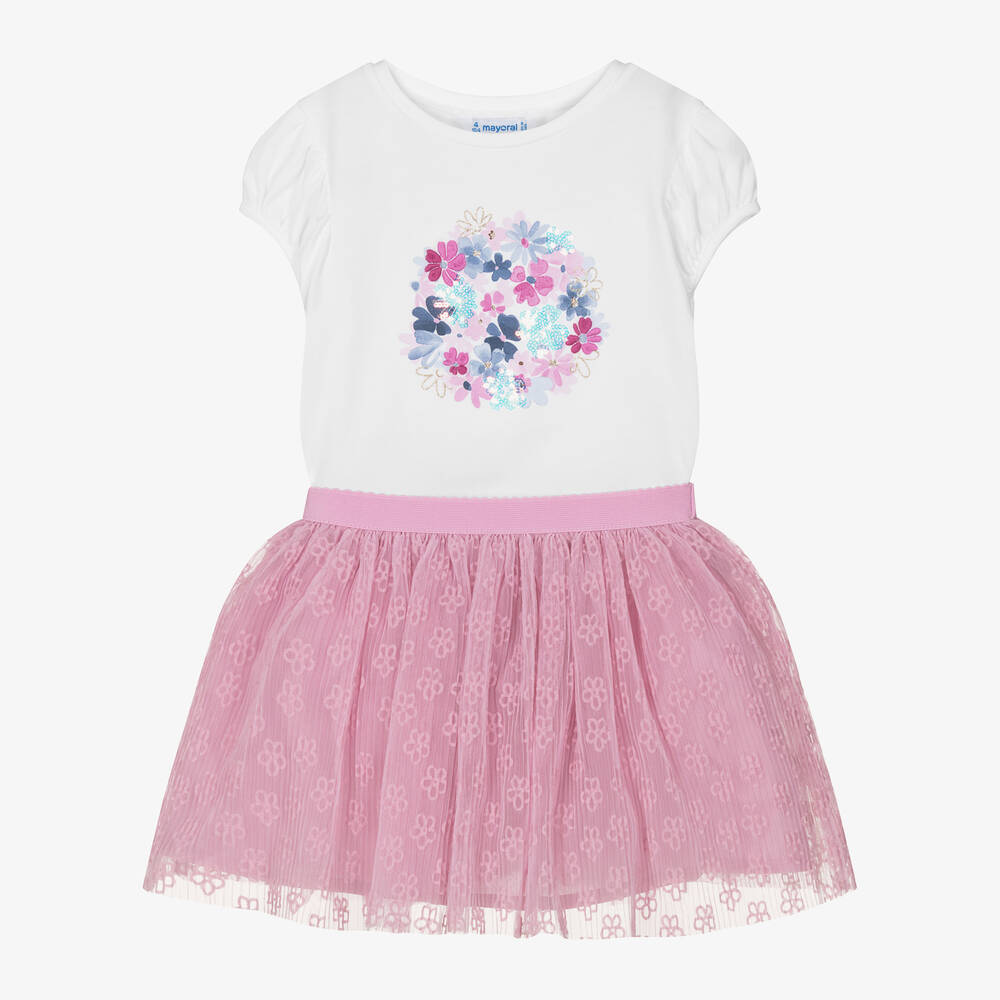 Mayoral - Girls White Cotton & Pink Tulle Skirt Set | Childrensalon