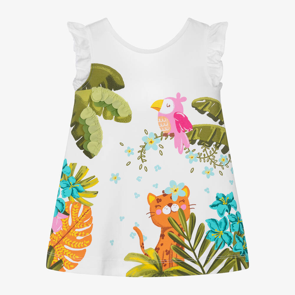 Mayoral - Girls White Cotton Tropical Print Dress | Childrensalon