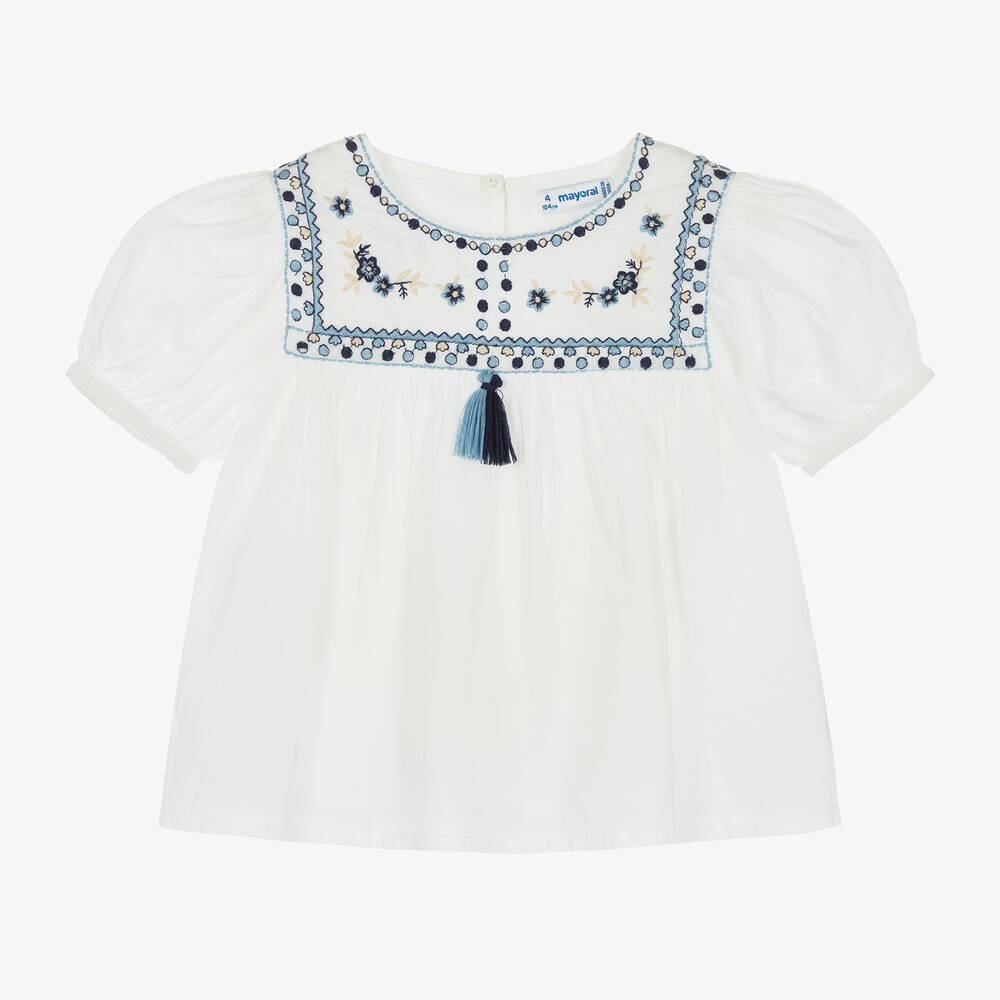 Mayoral - Girls White Embroidered Cotton Blouse | Childrensalon