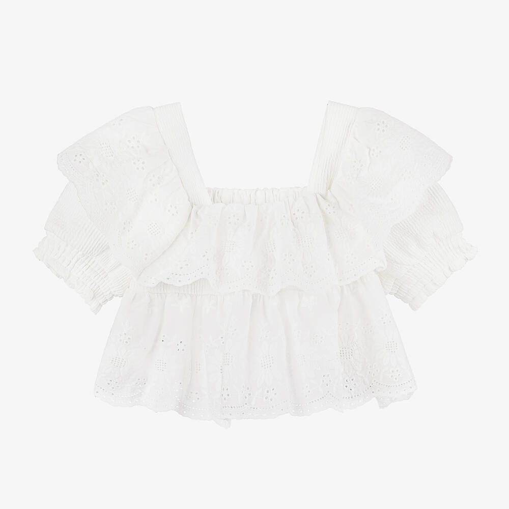 Mayoral - Girls White Embroidered Floral Blouse | Childrensalon