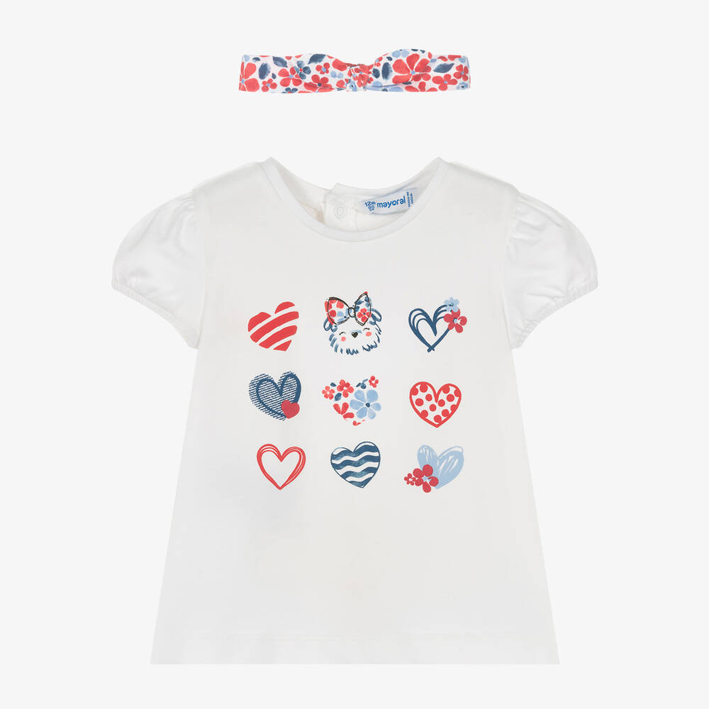 Mayoral Babies' Girls White Floral & Heart Cotton T-shirt