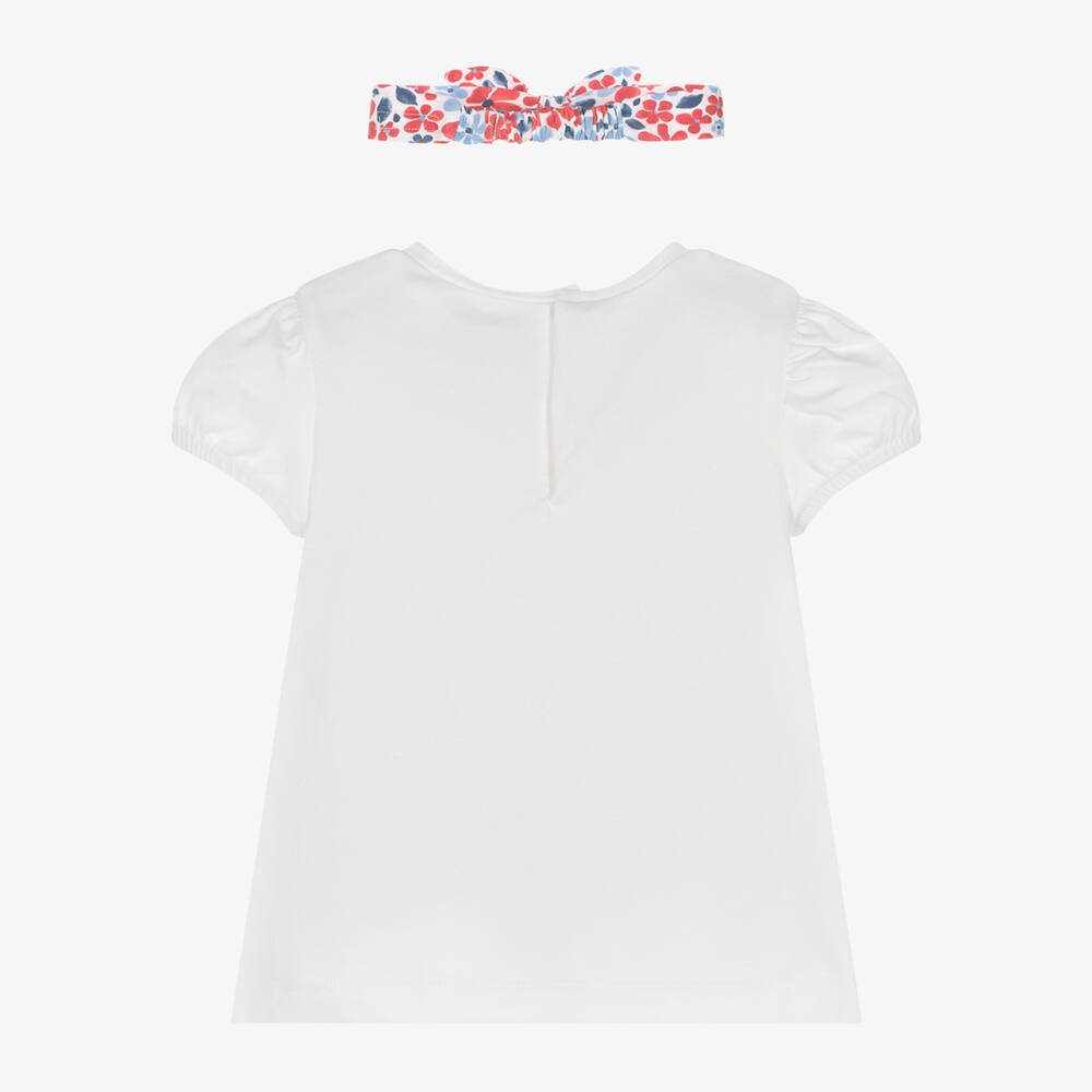 Mayoral - Girls White Floral & Heart Cotton T-Shirt | Childrensalon