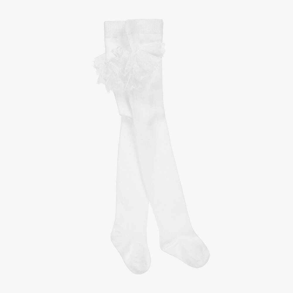 Mayoral Newborn - Girls White Lace Frill Tights | Childrensalon