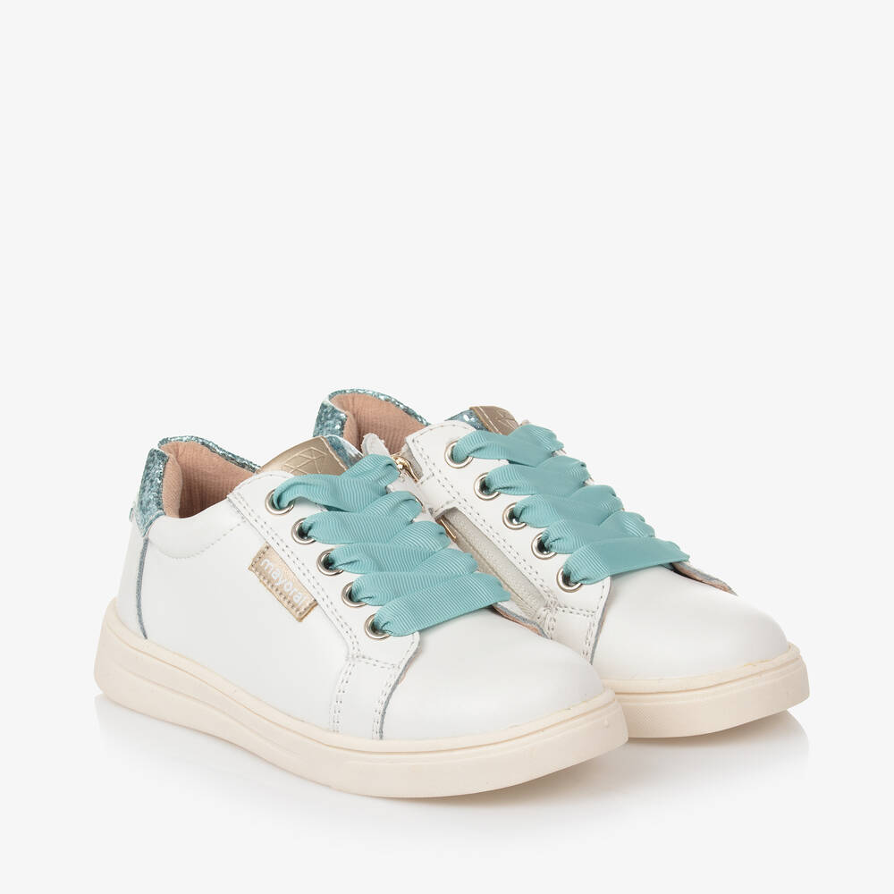 Mayoral - Girls White Leather & Blue Glitter Trainers | Childrensalon