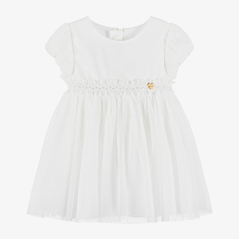 Mayoral - Girls White Spotted Tulle Dress | Childrensalon