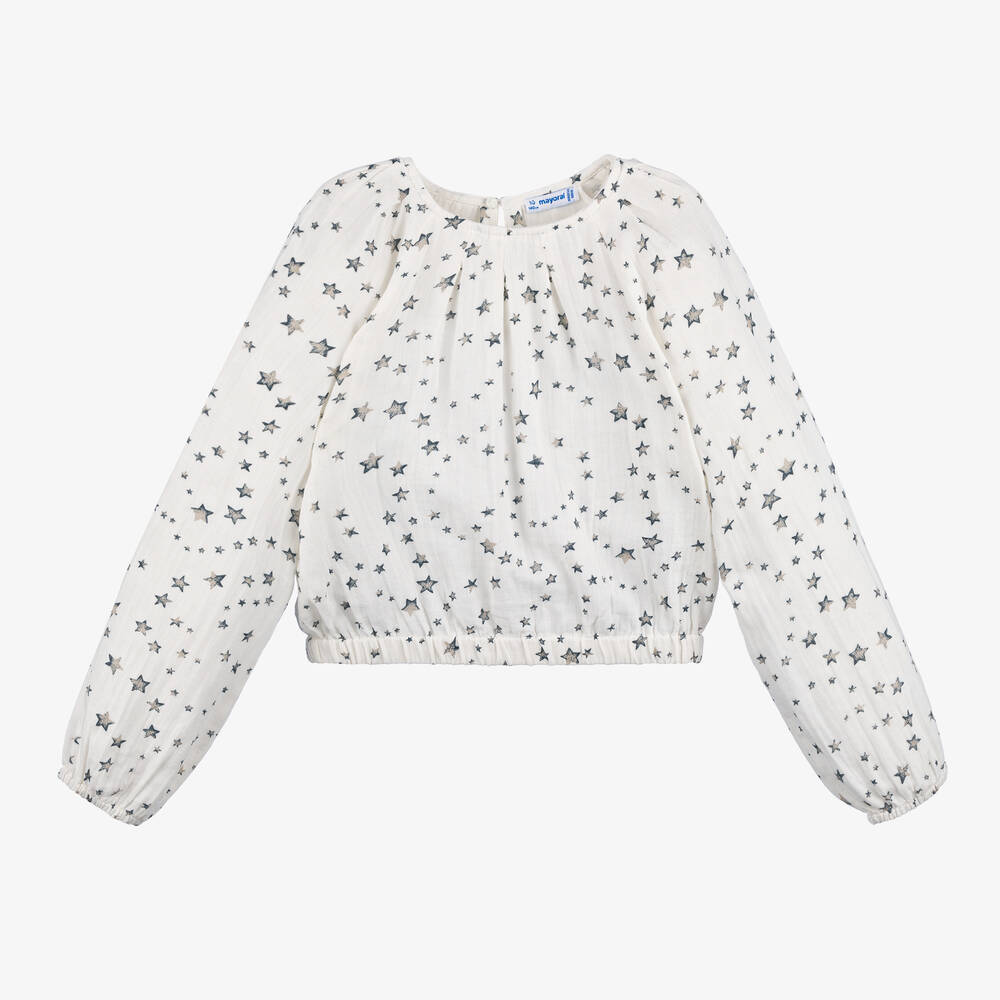 Mayoral - Girls White Star Print Cotton Blouse | Childrensalon