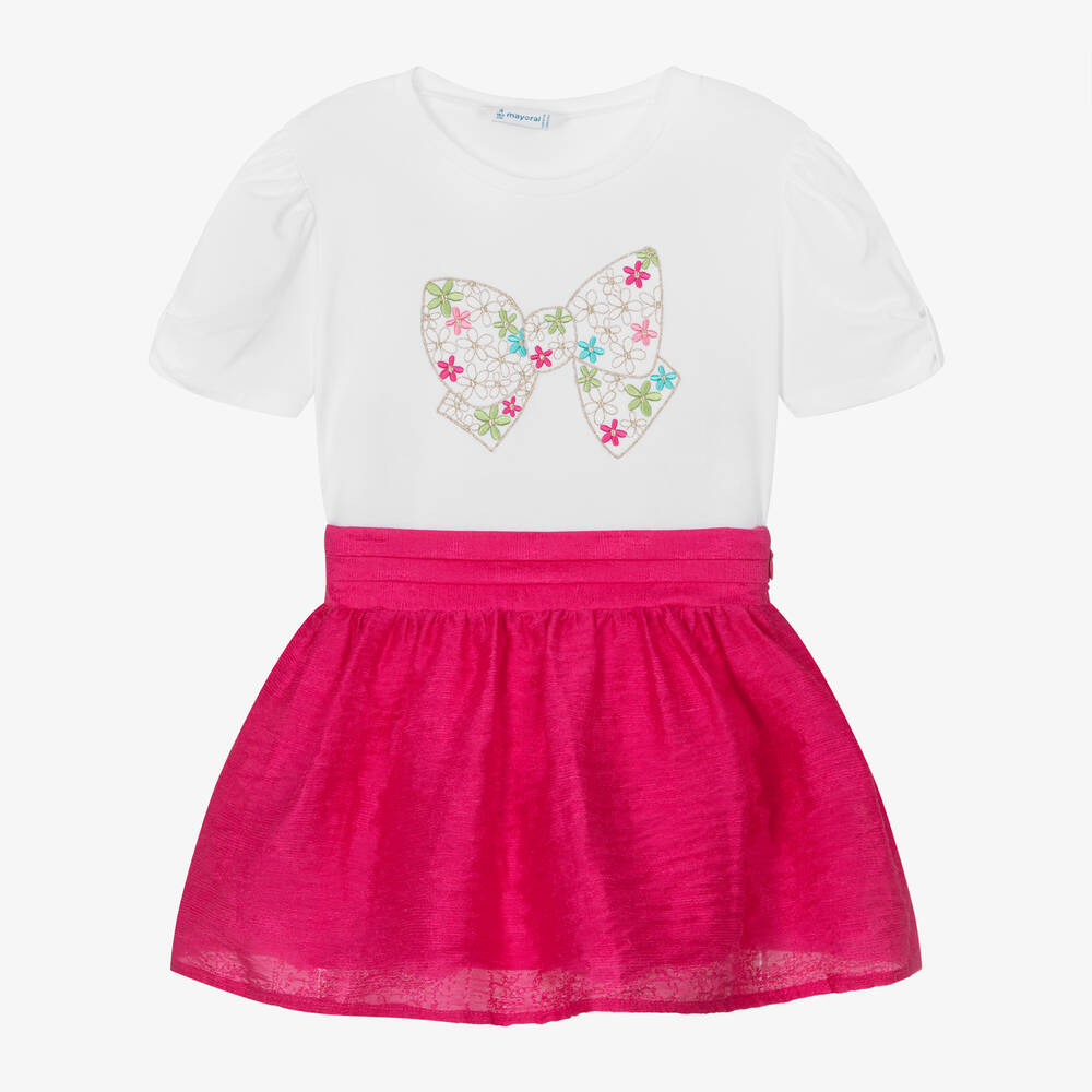 Mayoral - Girls White Top & Pink Skirt Set | Childrensalon
