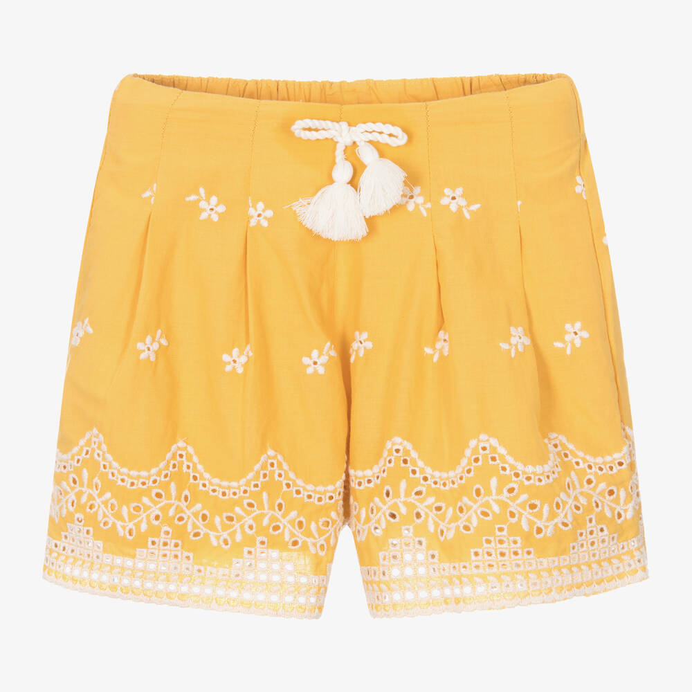 Mayoral - Girls Yellow Broderie Anglaise Shorts | Childrensalon