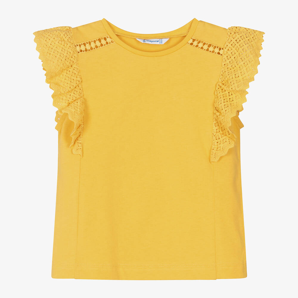 Mayoral - Girls Yellow Cotton & Crochet Lace Top | Childrensalon