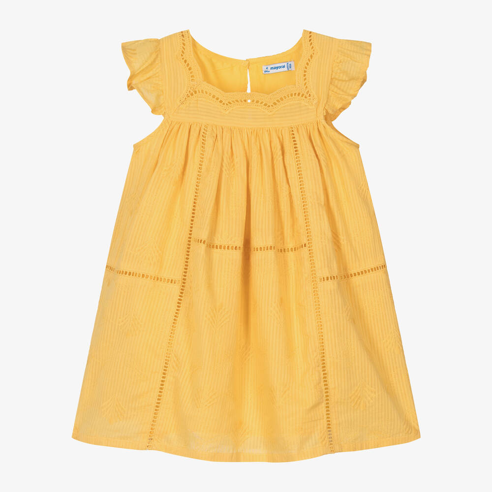 Shop Mayoral Girls Yellow Cotton Embroidered Dress