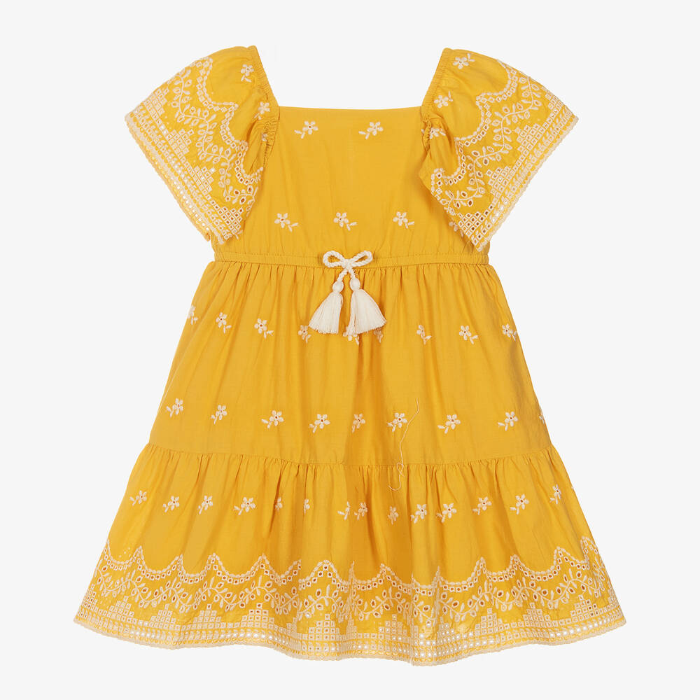 Mayoral - Girls Yellow Embroidered Cotton Dress | Childrensalon