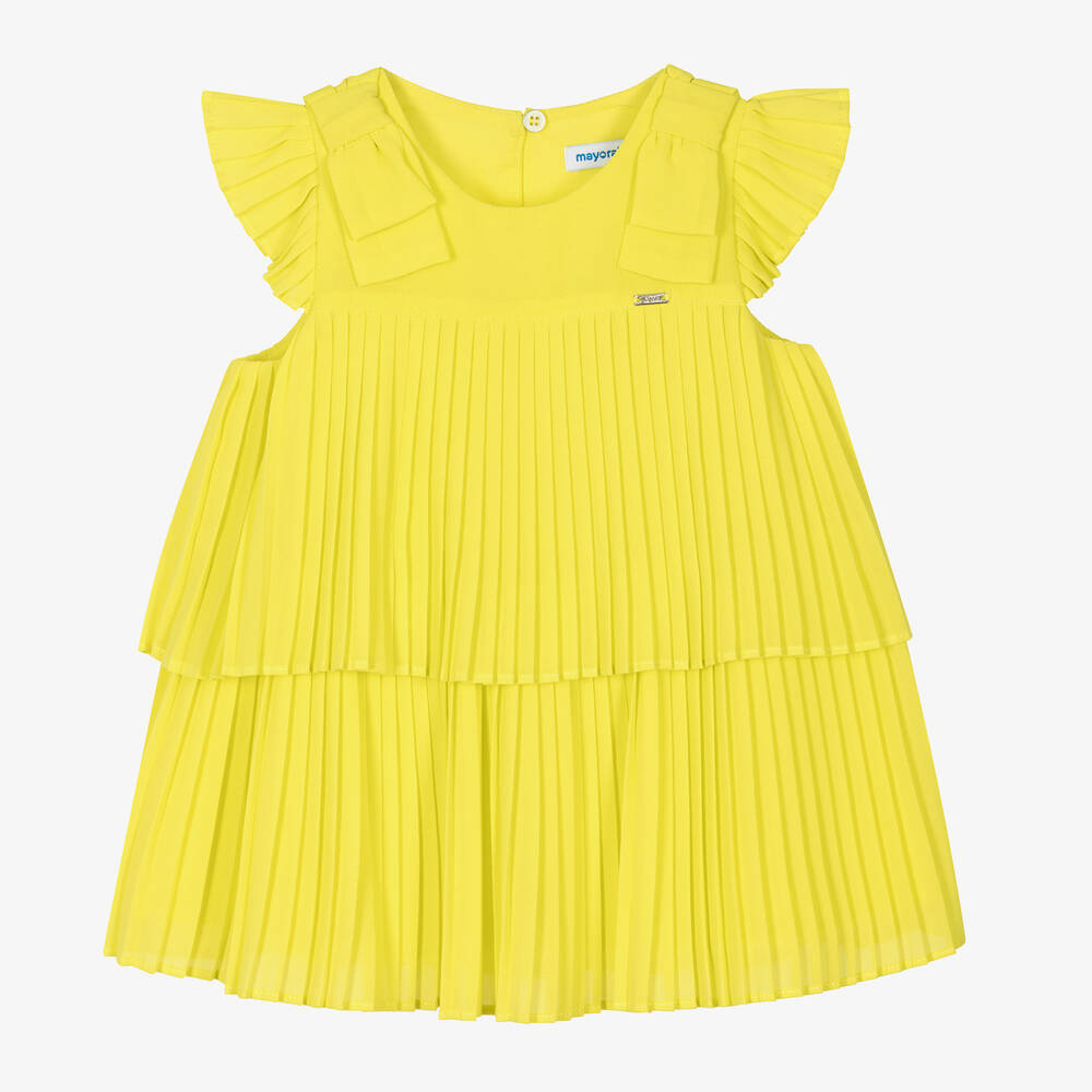 Mayoral Babies' Girls Yellow Pleated Crêpe Chiffon Dress
