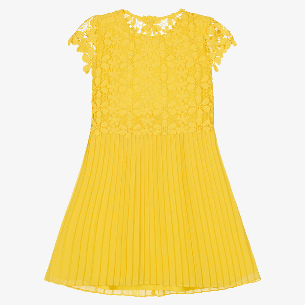 Mayoral - Girls Yellow Pleated Lace Dress | Childrensalon